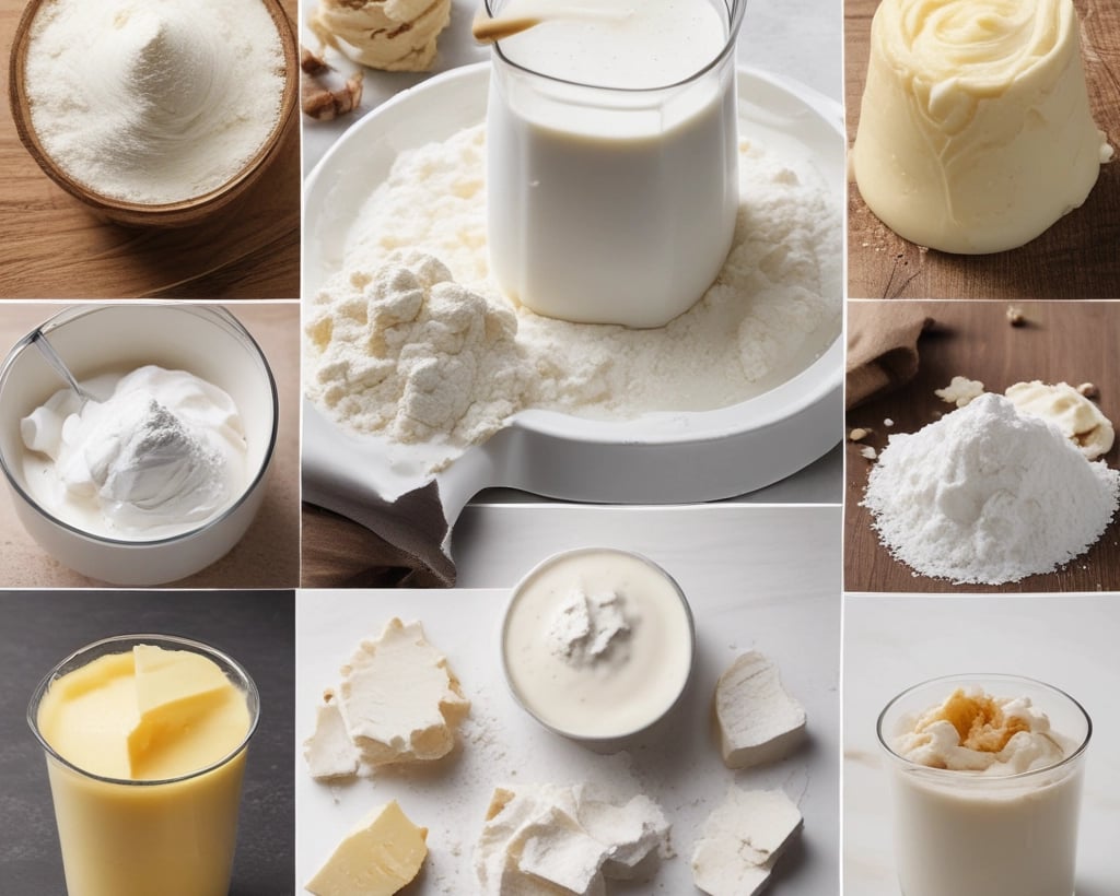 a collage of different types of food and ingredients. Se representa el suero de leche,cuajada, queso