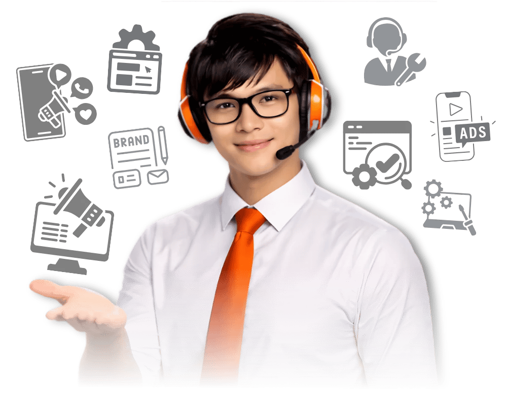 TMN Customer support agent with headset providing digital marketing and technical assistance.