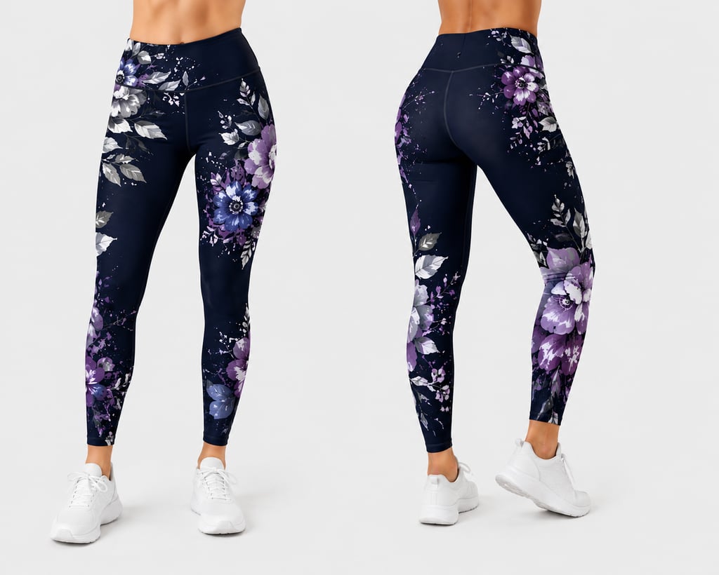 "Custom floral leggings mockup showing front and back views on a clean white background."