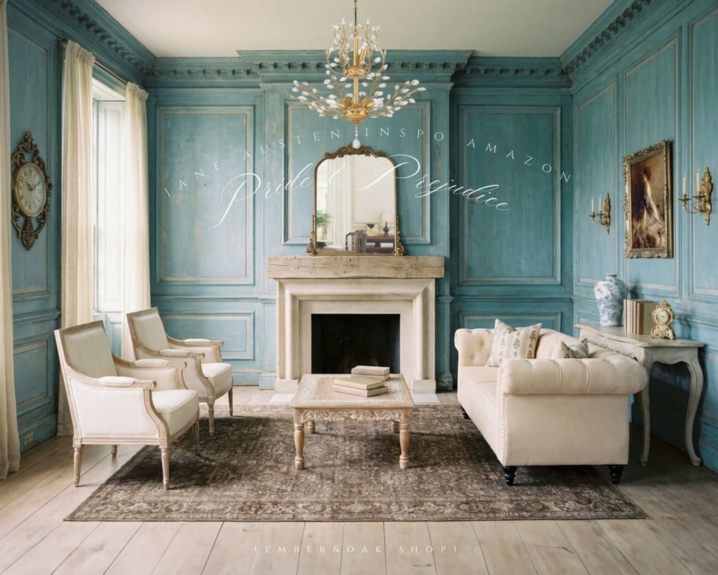 Elegant Regency style living room featuring blue wood paneling, a vintage fireplace, and a gold chandelier.