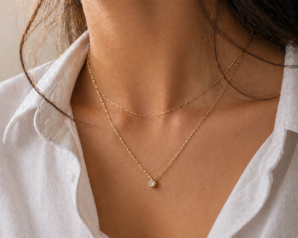 Close-up of delicate gold chain necklace with small pendant layered on simple outfit