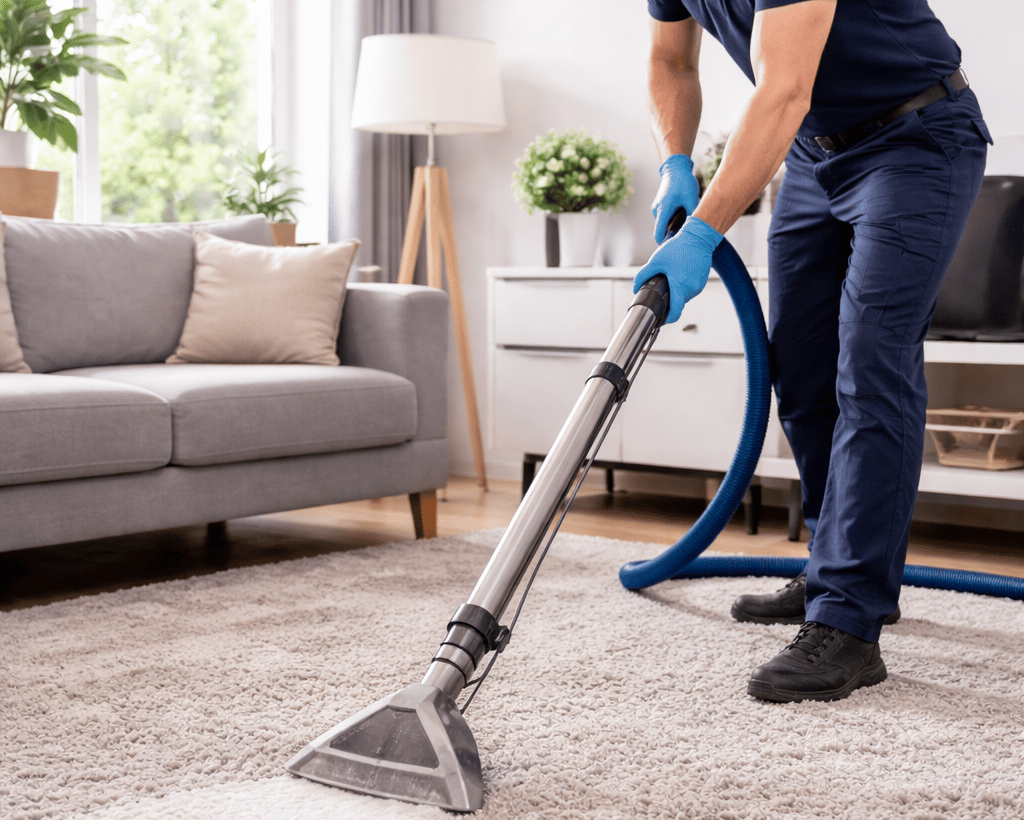 Agent de nettoyage Clean'G qui nettoie un tapis à Rennes