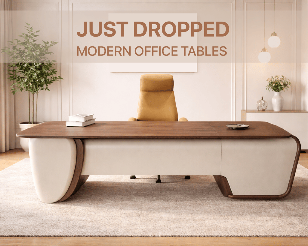 Modern luxury executive desk with a curved wood top and tan leather base in a bright, minimalist office.