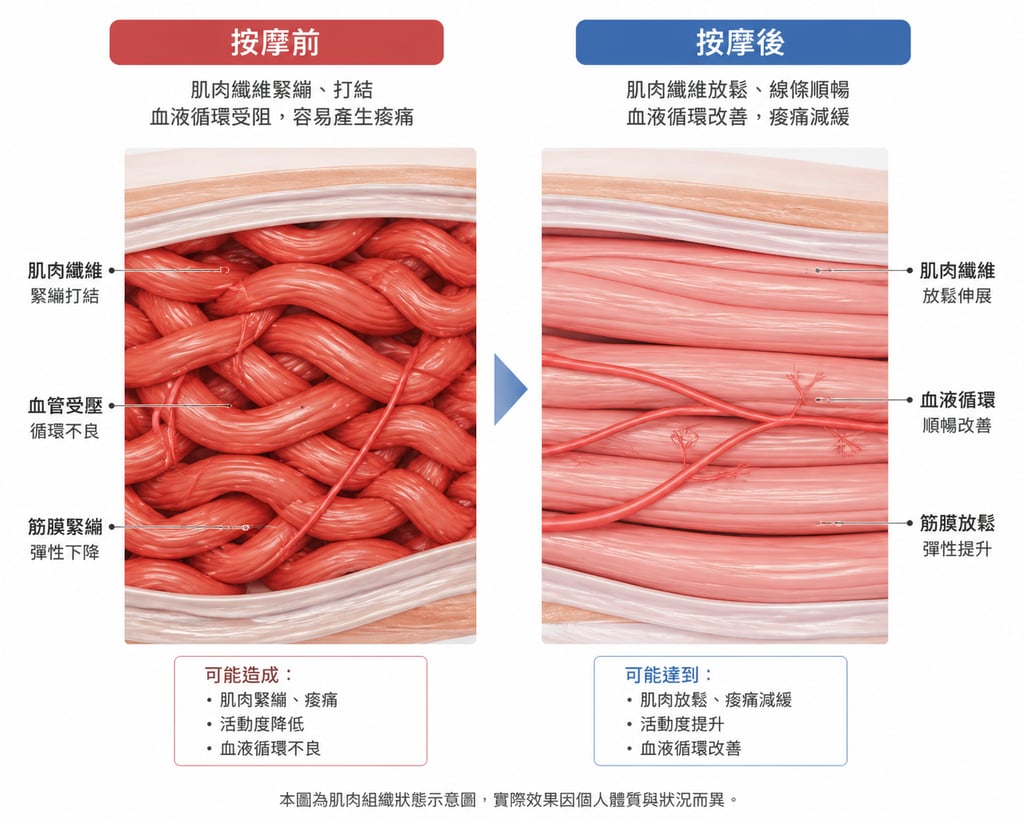 左邊：緊繃打結的肌肉纖維（紅色區域） 右邊：按摩後鬆開的肌肉纖維（顏色變淡、線條變順）