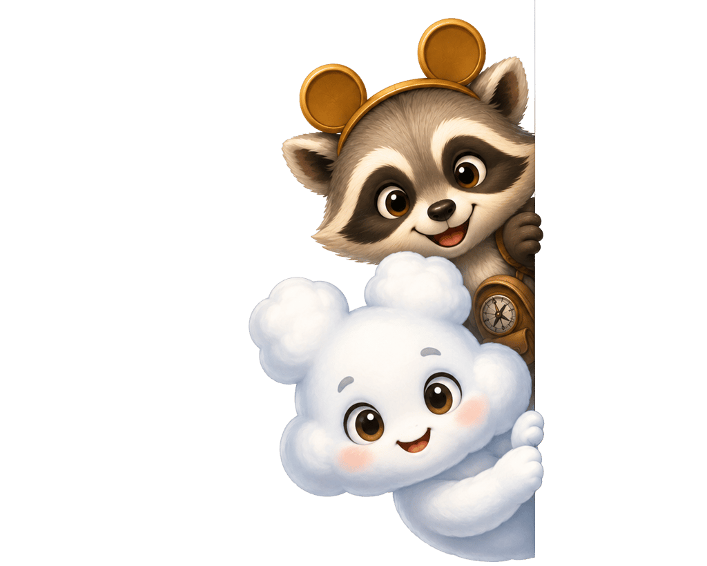 Cute raccoon wearing golden mouse ears and a fluffy white cloud character peeking from behind a wall.