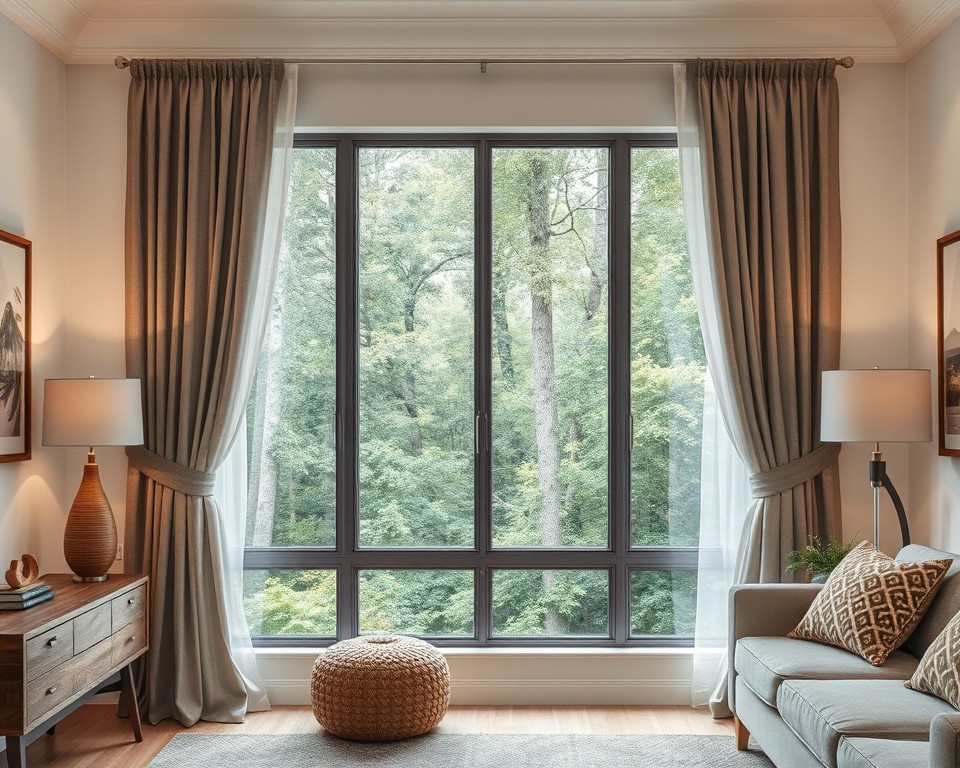 Naktinės tamsiai rudos užuolaidos ant lango