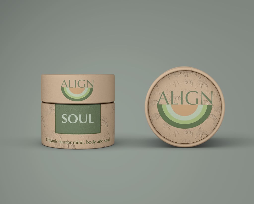 Align tea packaging concept showing recycled cardboard tube and lid with semi-circle brand mark
