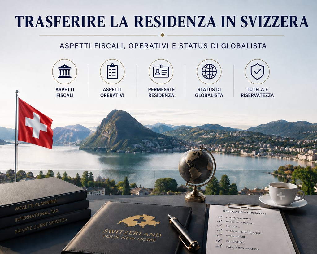 Infographic about transferring residency to Switzerland with a scenic mountain lake background.