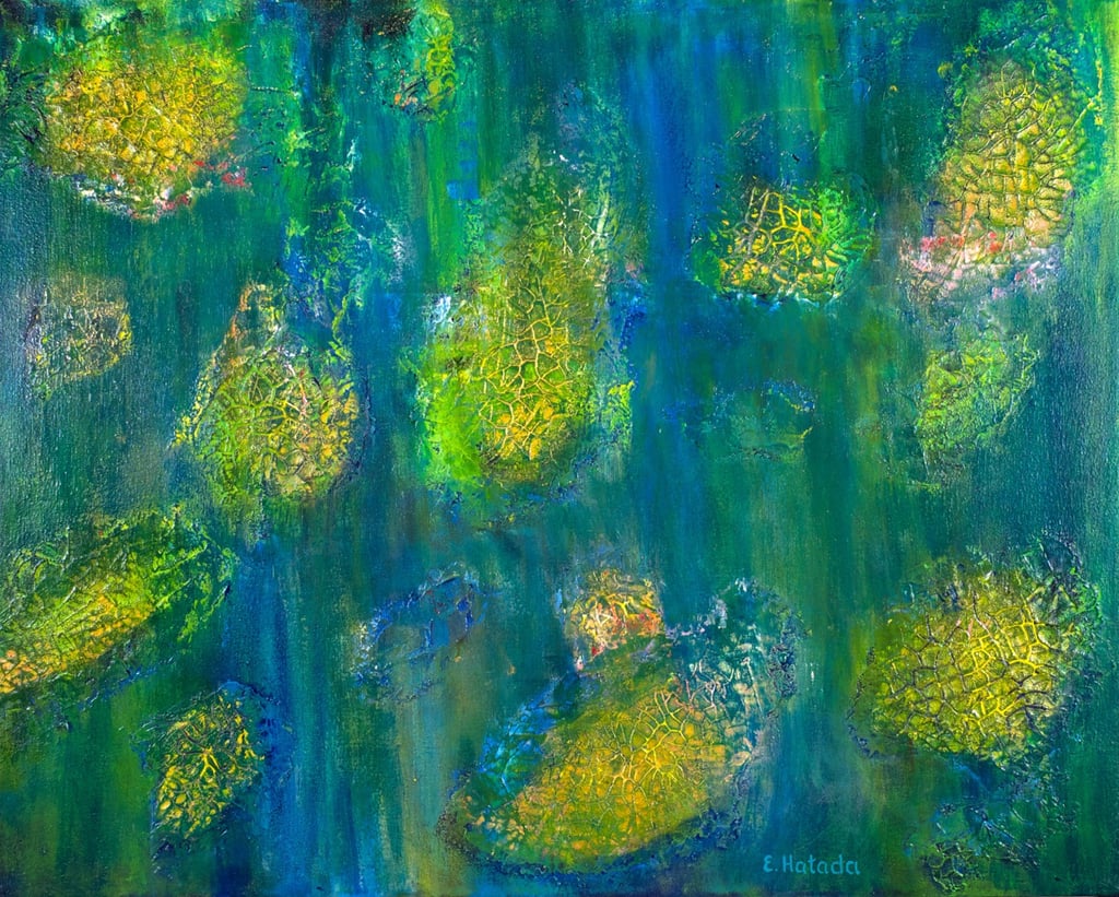 Abstract acrylic painting of islands half-engulfed by the sea