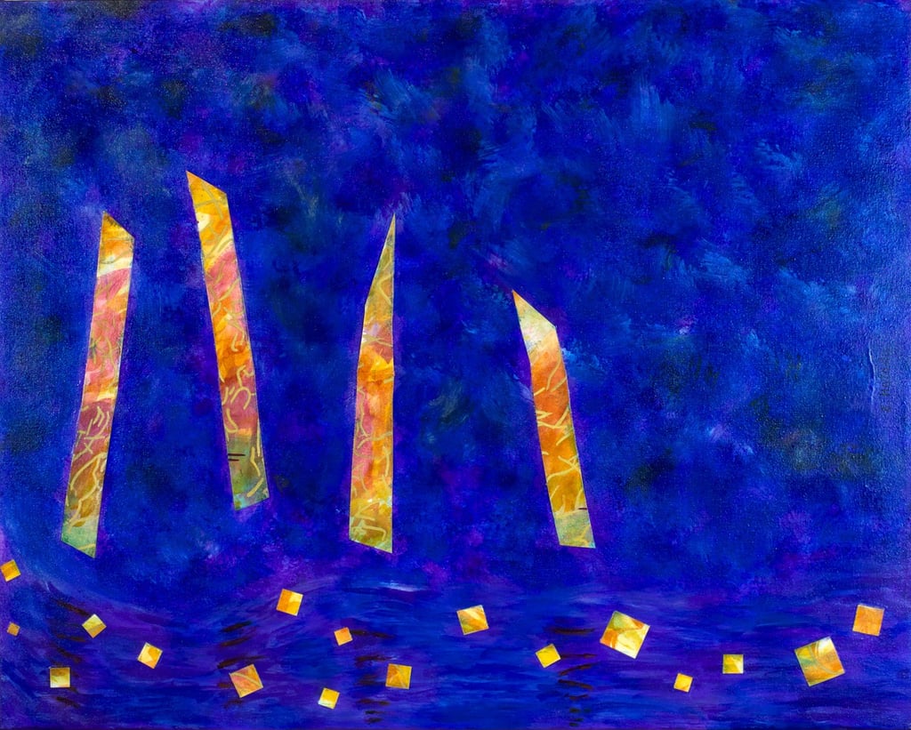 Abstract acrylic and paper collage painting of floating forms on a purple river