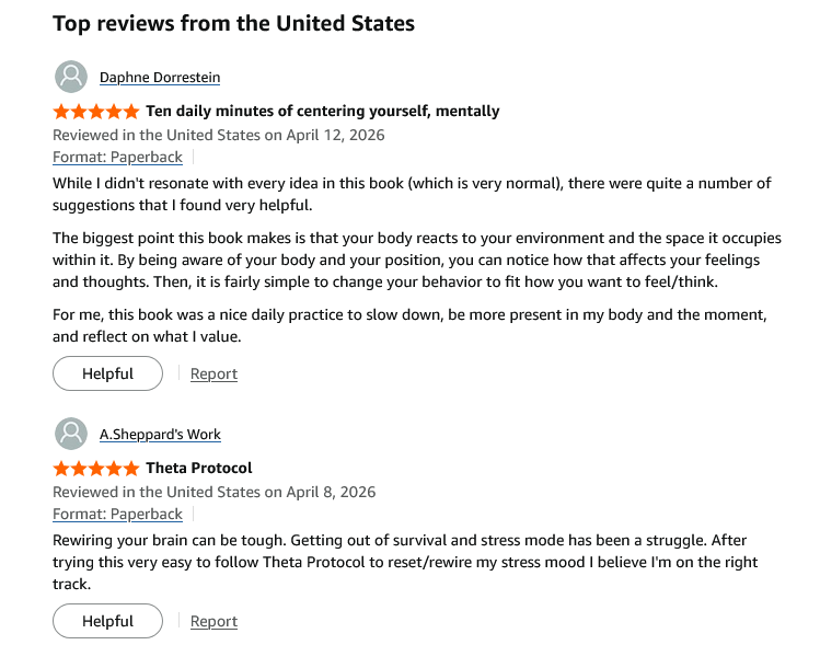 Positive Amazon customer reviews for a mental wellness and stress relief paperback book.