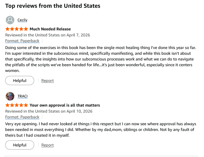 Positive five-star Amazon customer reviews for a paperback book about manifesting and subconscious mind healing.