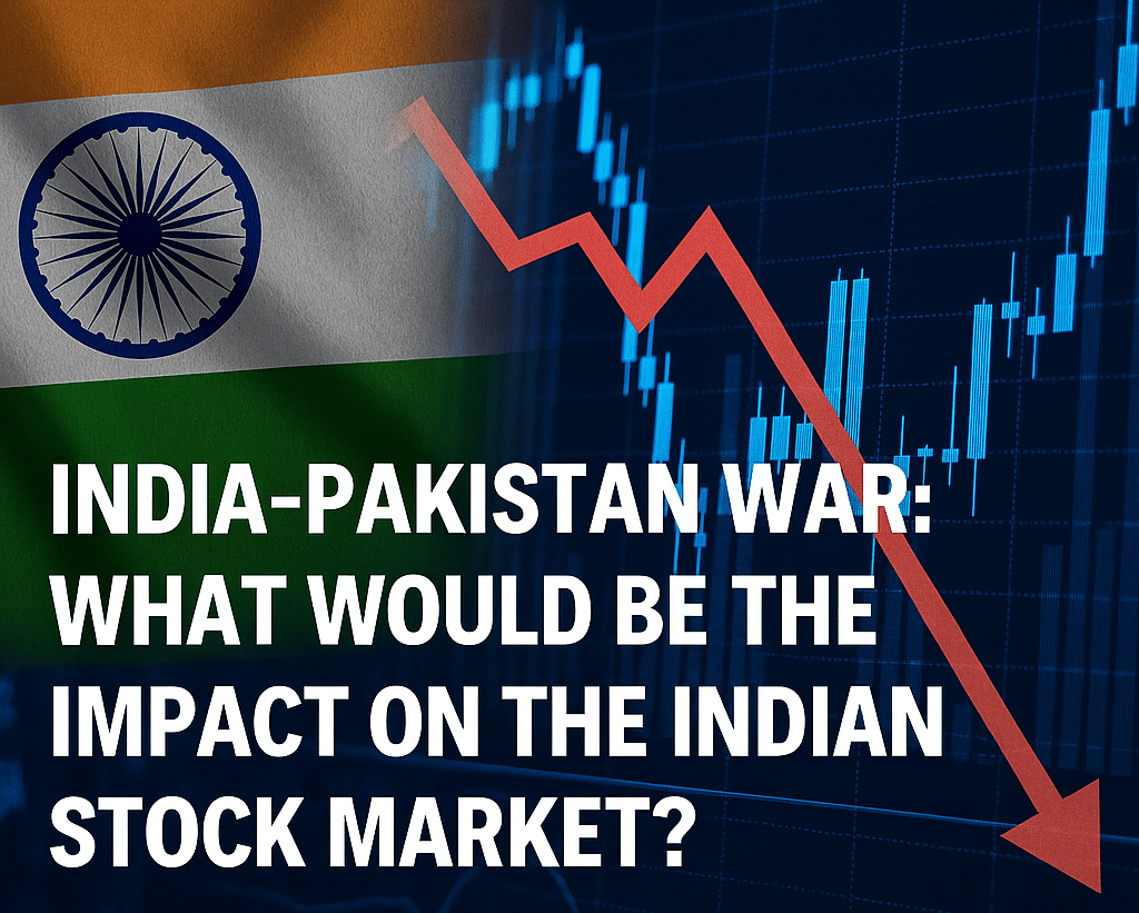 A digital composite graphic illustrating the potential financial market impact of a hypothetical India-Pakistan war
