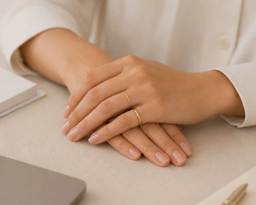 Minimal hand jewelry with simple gold ring and thin band on natural nails