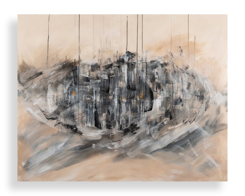 Abstract painting featuring neutral beige tones with bold black and grey expressive brushstrokes.