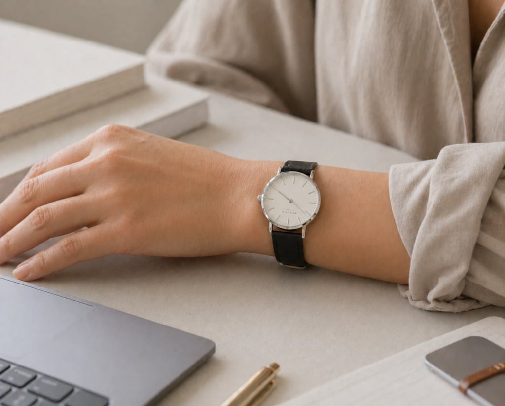 Minimal classic watch styled on wrist in a clean and professional setting