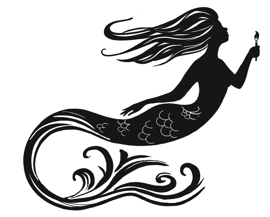 Black silhouette of a mythical mermaid swimming with long flowing hair holding a paint brush