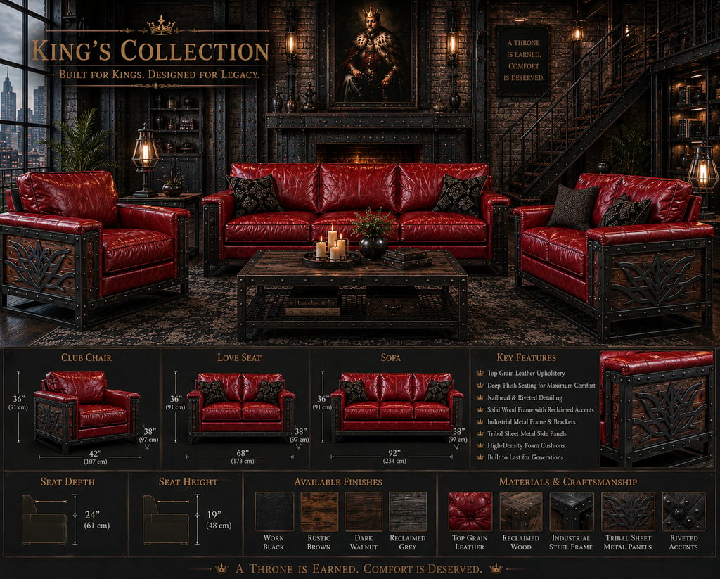 King's Collection red leather sofa set with industrial metal frames and wood accents in a rustic living room.