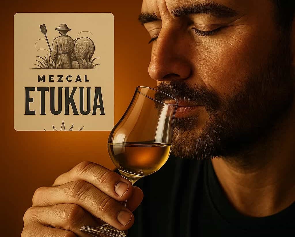  Persona con los ojos cerrados saboreando un mezcal con expresión de concentración y deleit