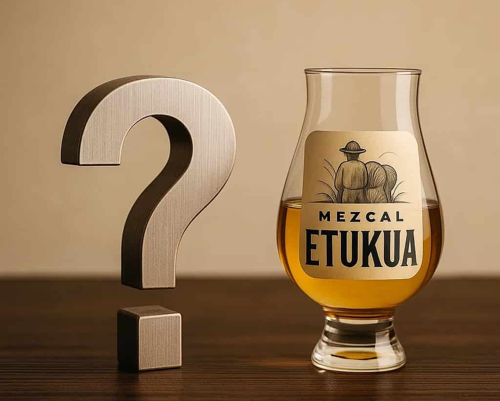  Icono de un signo de pregunta estilizado junto a una copa de mezcal Etukua sobre una mesa de madera