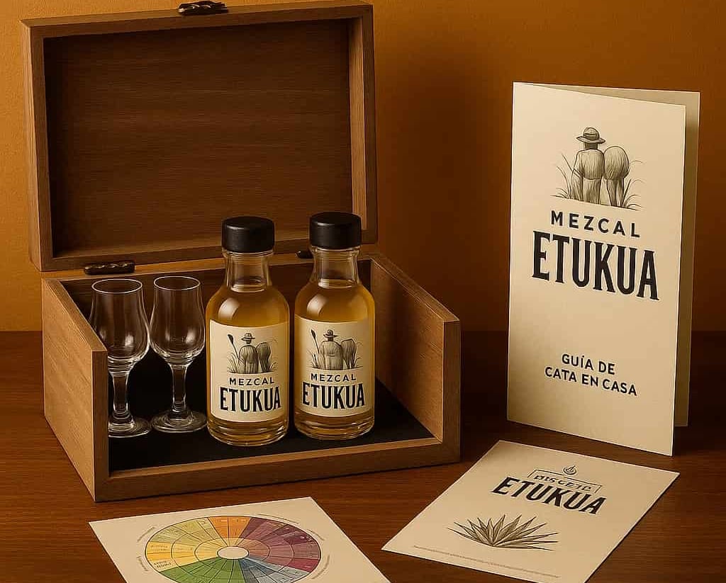 Icono de una copa de mezcal con un signo de pregunta integrado, sobre un fondo de pizarra con notas 