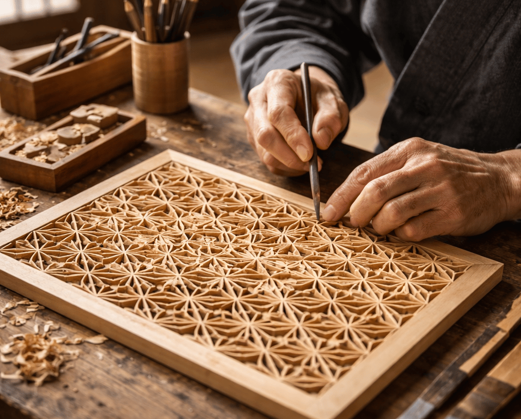 Traditional Japanese kumiko woodwork being handcrafted by an artisan, intricate geometric wooden lat