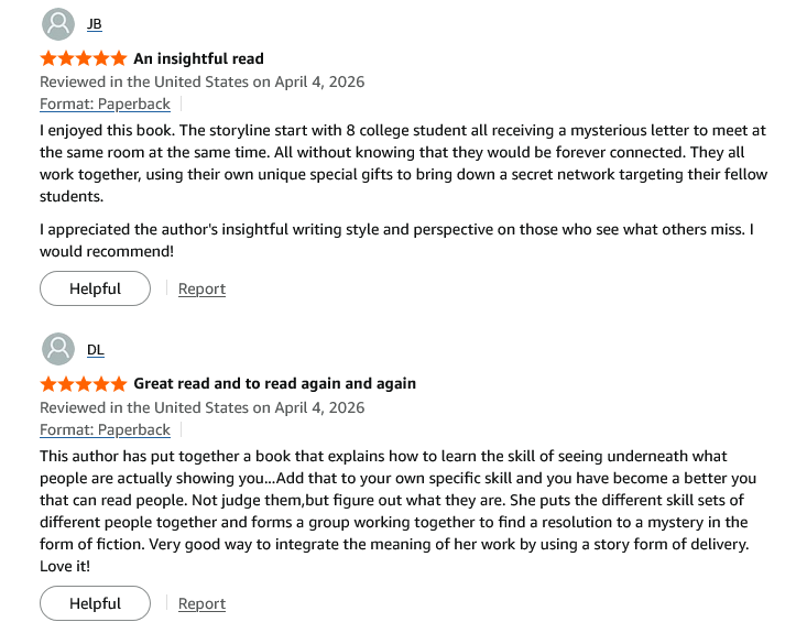 Screenshot of five-star customer reviews for a paperback mystery novel about college students.