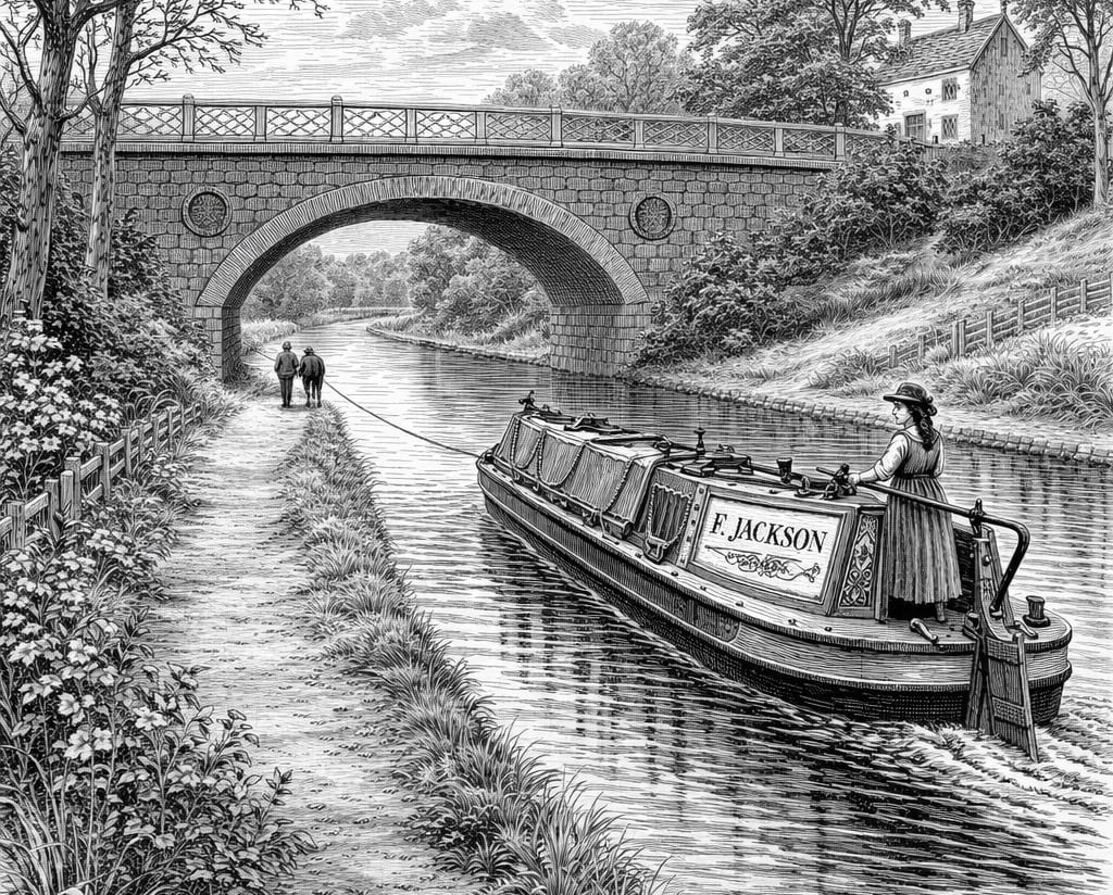 Drawing of a narrowboat pulled by a horse on  an inland English canal.