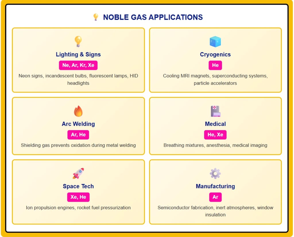 Noble gases applications showing uses in lighting cryogenics welding medical space manufacturing