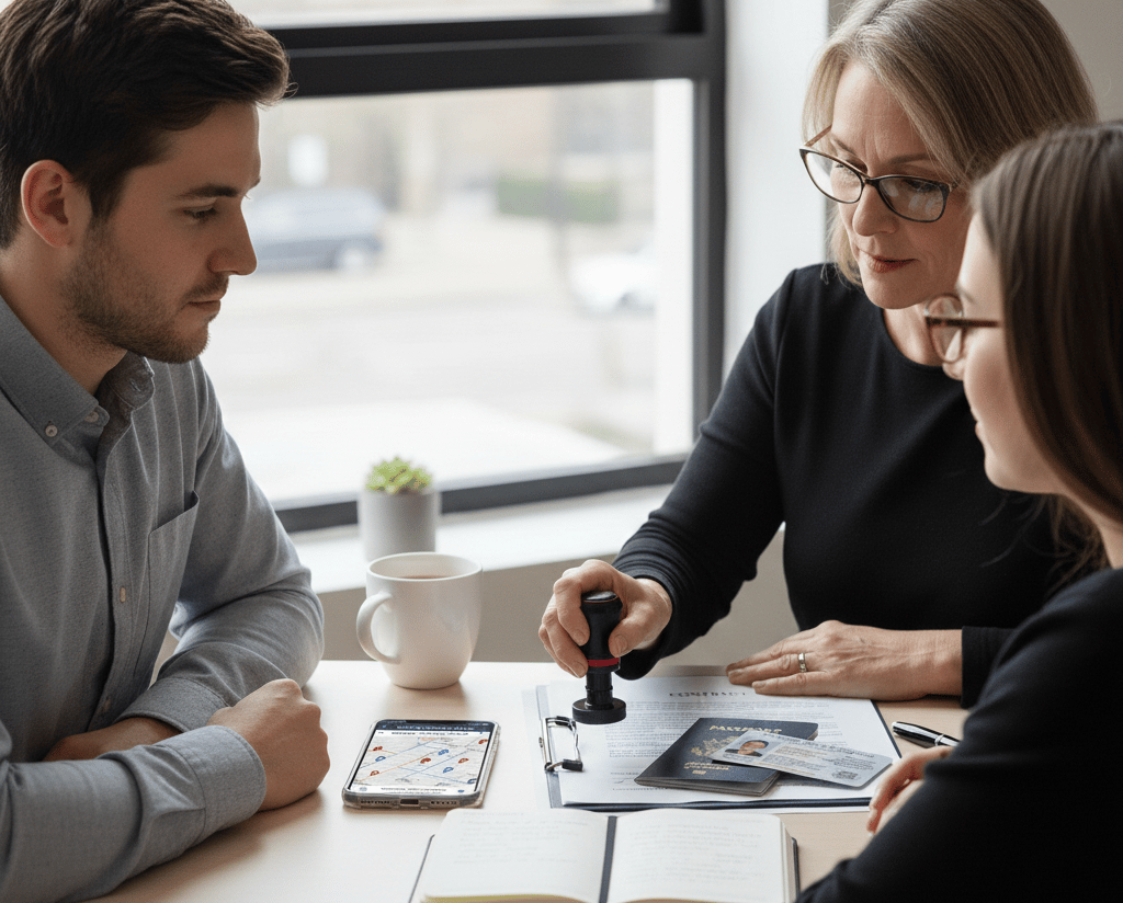 Mobile notary verifying identity at a signing appointment