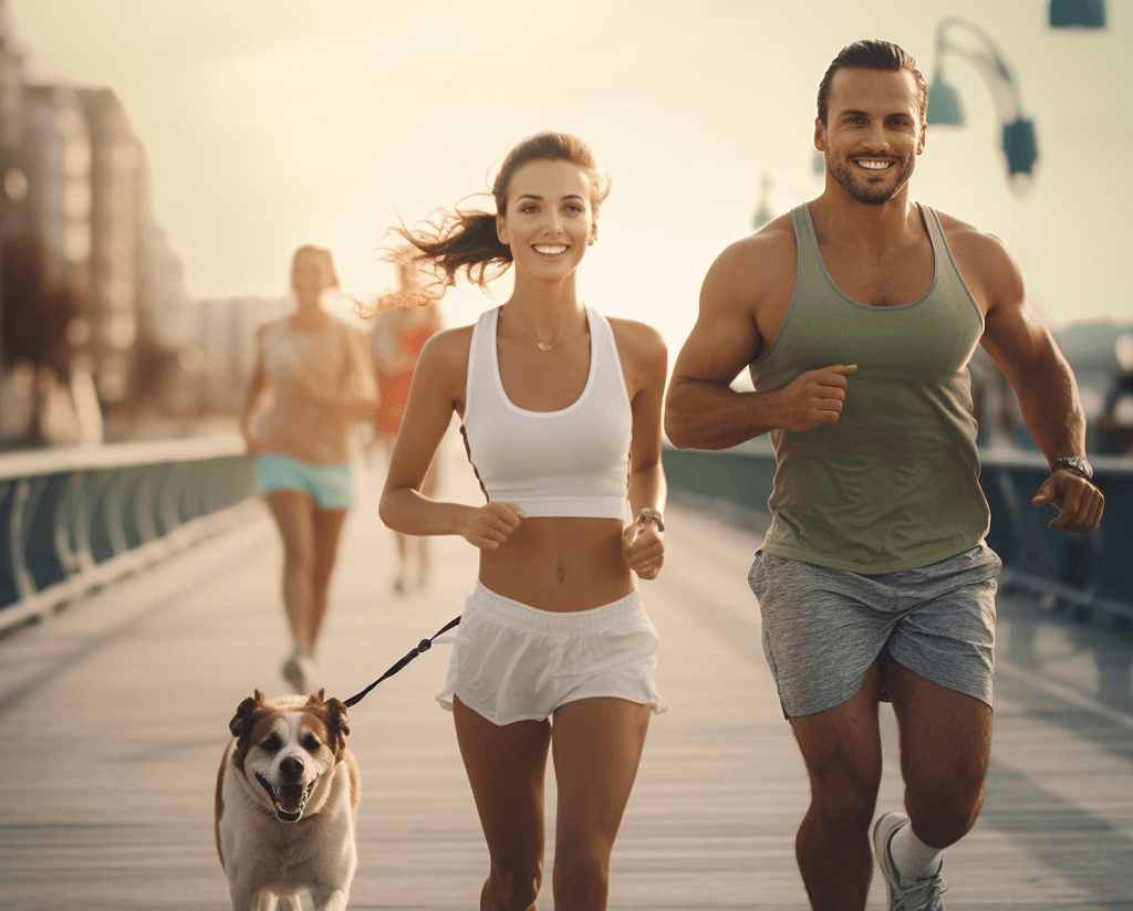 Group of men and women jogging on the boardwalk at the beach