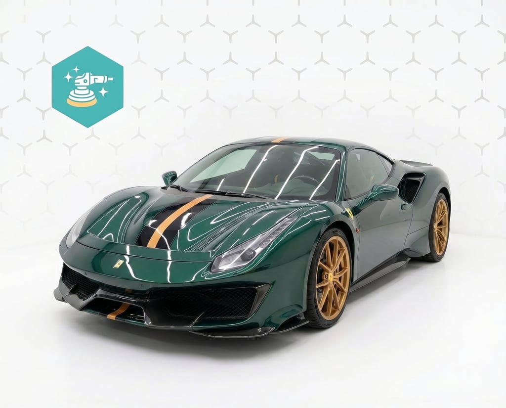 Green Ferrari 488 Pista with gold racing stripes and wheels in a professional car detailing studio.
