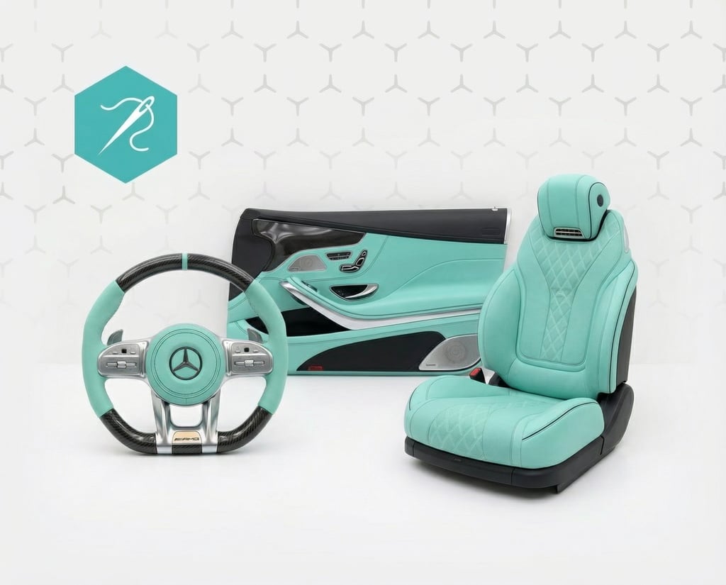 Custom mint green leather Mercedes-AMG interior featuring a steering wheel, door panel, and quilted car seat.