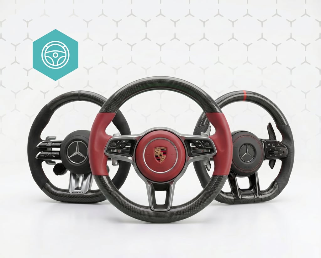 Custom carbon fiber and leather steering wheels for Porsche and Mercedes-Benz luxury cars.