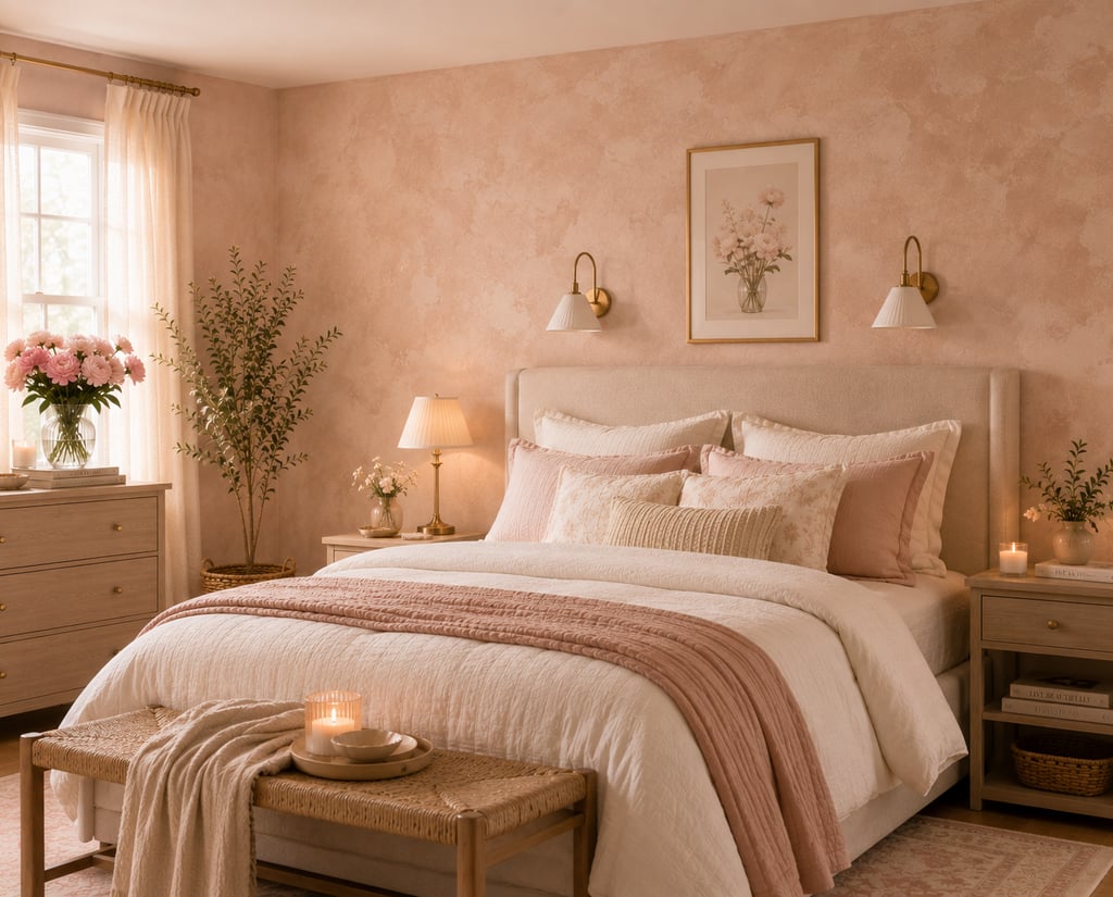 feminine bedroom limewash paint ideas with textured blush wall and natural light