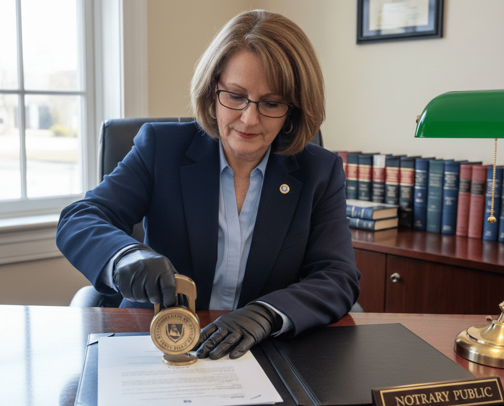 Massachusetts notary public notarizing a legal document with official stamp and seal