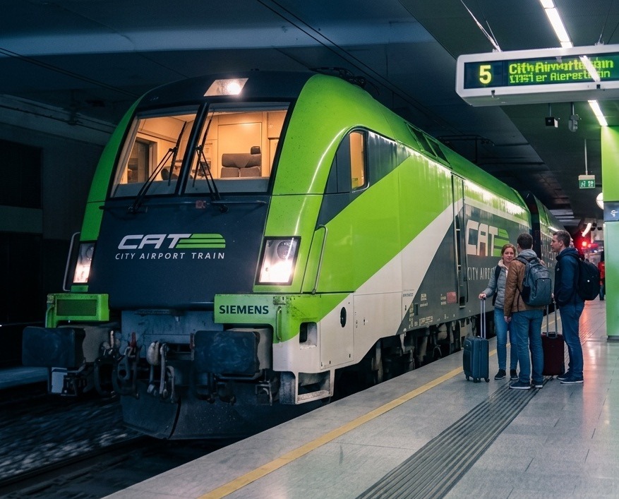 Un tren verde lima del City Airport Train está en el andén de una estación subterránea moderna.