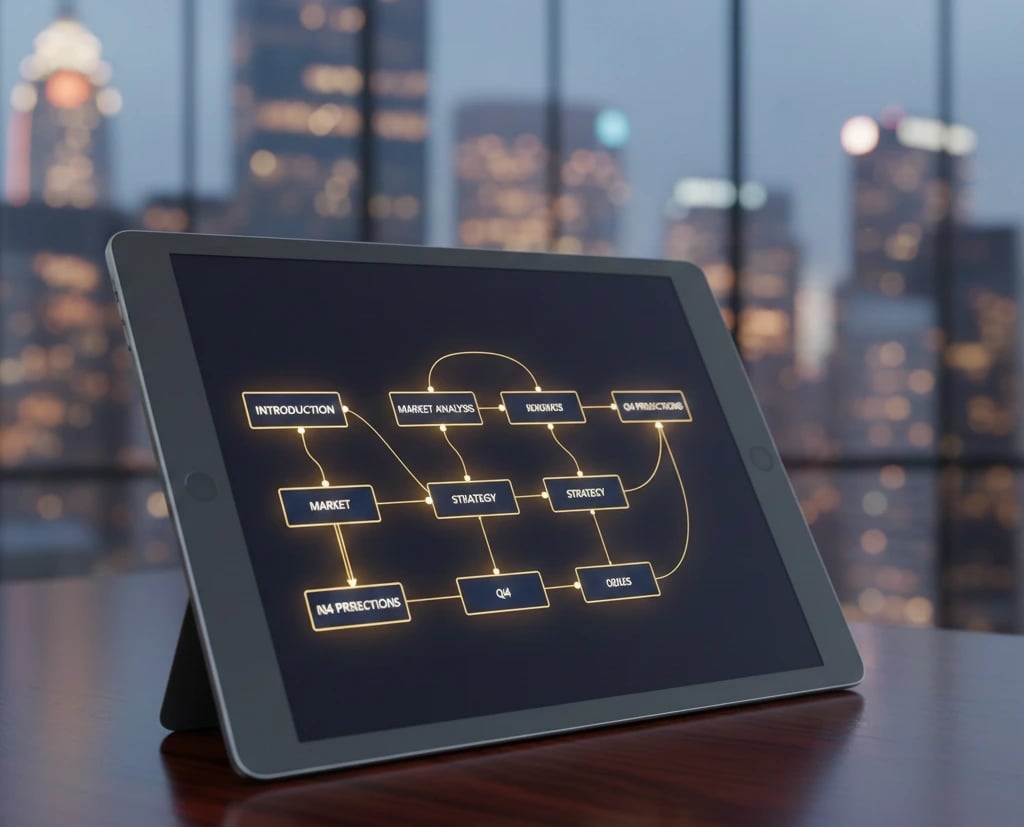 A professional digital display showing a structured sequence of pitch deck slides, symbolizing a ven