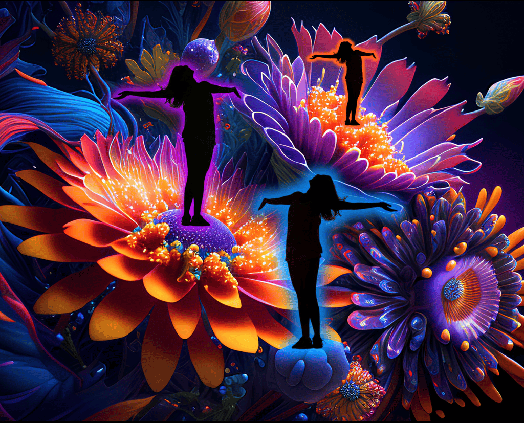 a person standing on a flowery background