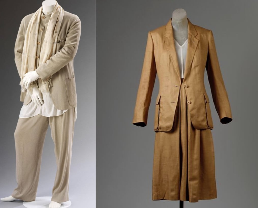Giorgio Armani unstructured menswear suit in beige and elongated womenswear camel suit, late 1970s–80s.