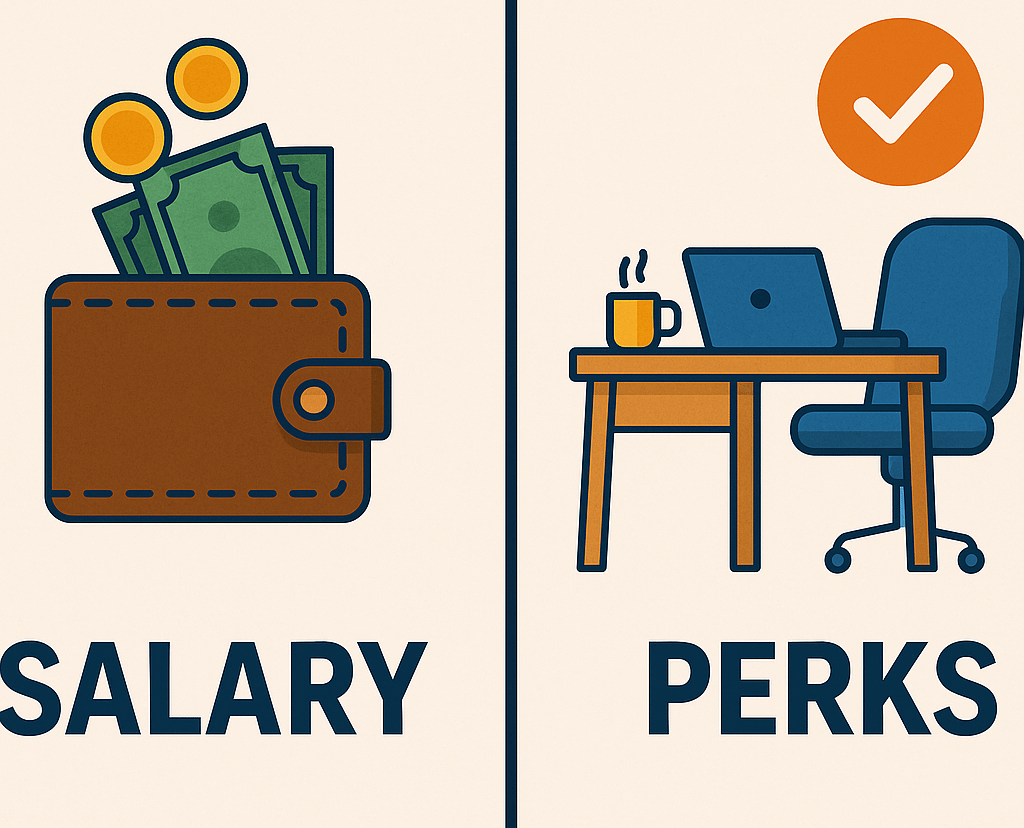 A digital illustration comparing salary and perks, highlighting compensation choices and employee benefit strategies in the 2