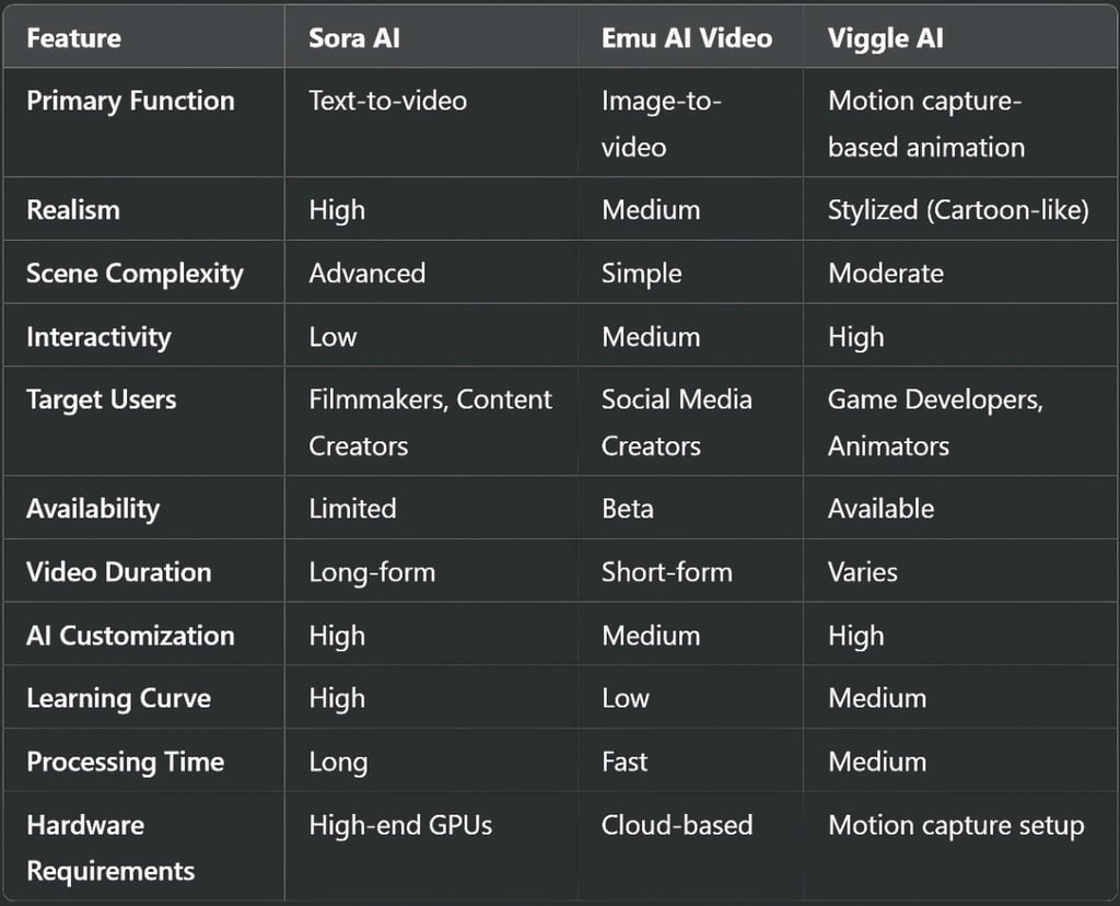 Sora AI vs Emu AI Video vs Viggle AI: Feature Comparison