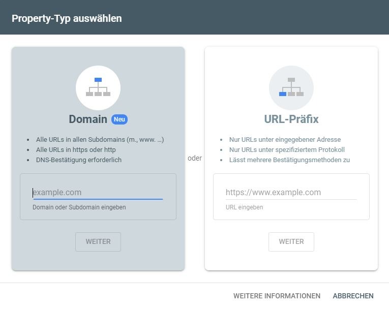 Property Typ auswählen Google Search Console