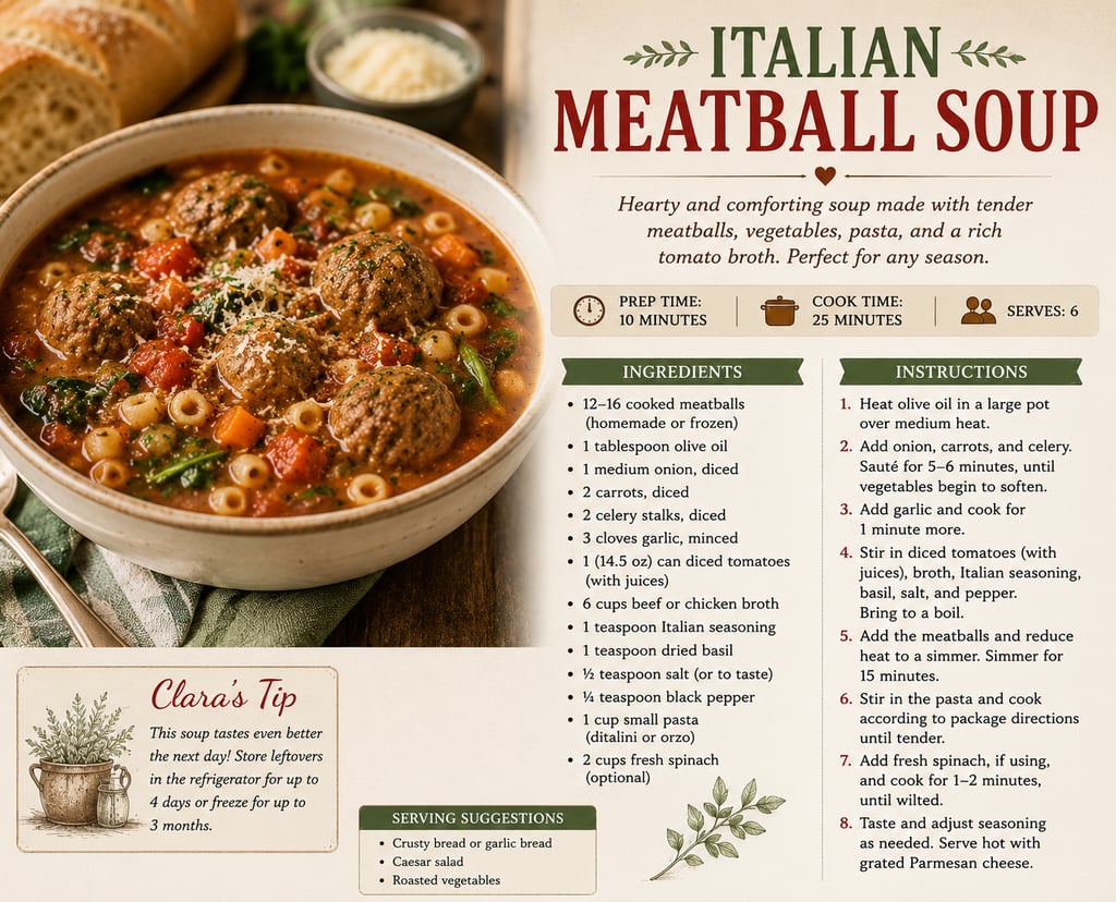 A bowl of hearty Italian meatball soup with pasta and vegetables next to a detailed recipe card.