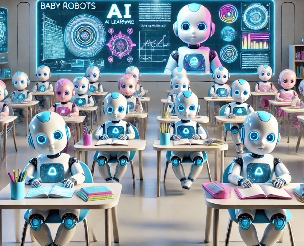 Baby AI robots learning in a futuristic classroom