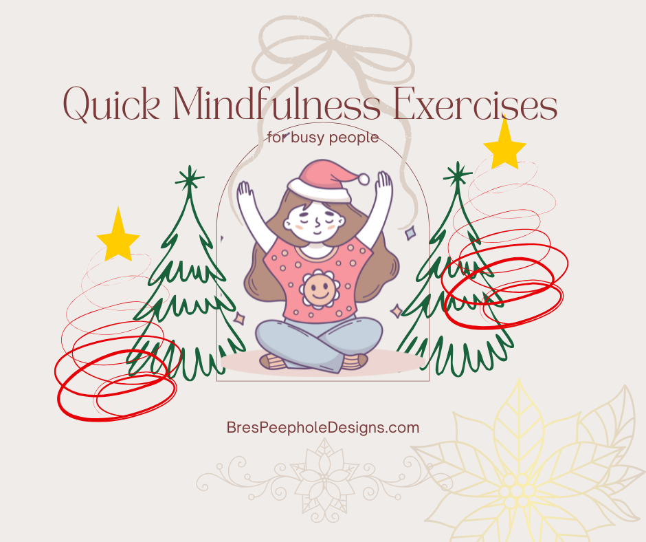 a woman practicing quick mindfulness exercises with a Christmas tree