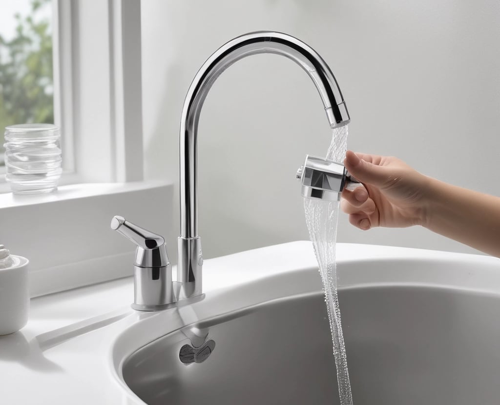 A close-up of a water tap with clear water flowing, highlighting the unseen infrastructure behind it.