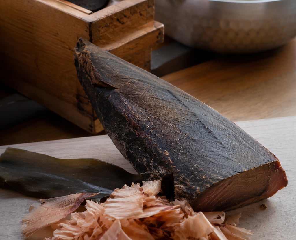 A block of dried katsuobushi with bonito flakes, kombu seaweed, and a wooden shaver for making dashi broth.