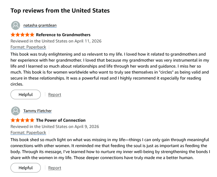 Positive Amazon customer book reviews for a paperback edition about meaningful female relationships and grandmothers.