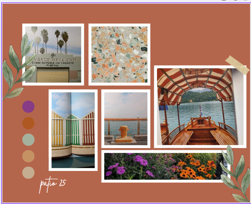 A creative mood board collage featuring travel photos, terrazzo patterns, and a warm terracotta color palette.